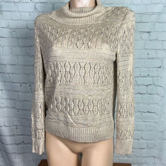 St. John Knit Cowl Neck Sweater Embellished w Iridescent Paillettes Gold Small - Picture 1 of 7
